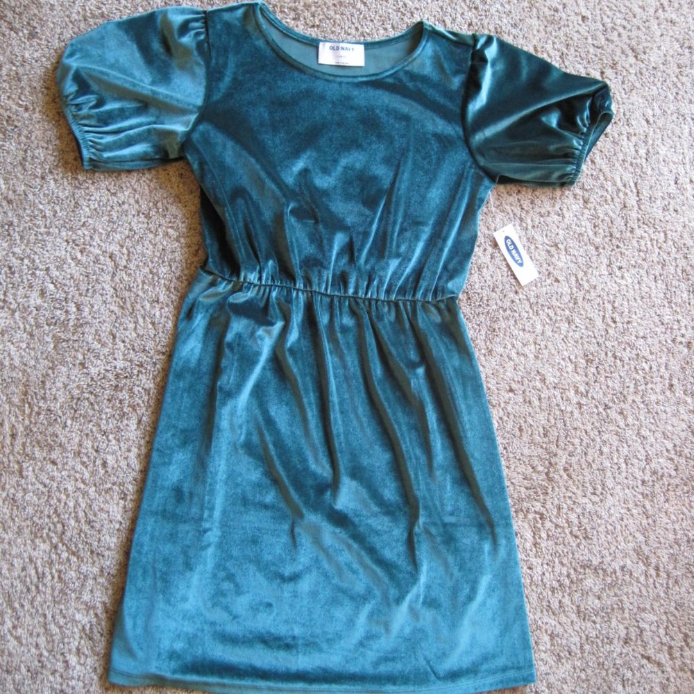 📣 😳 NWT Old Navy green puff sleeve dress girls sz L - Picture 1 of 7
